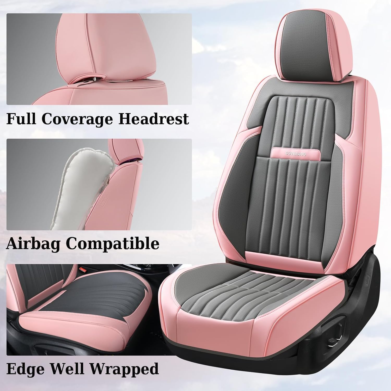 coverado car seat covers full set, nappa leather seat covers for cars, waterproof car seat covers front seats and back, automotive car seat protector car seat cushion fit for most cars (pink&grey) pink&grey fullset
