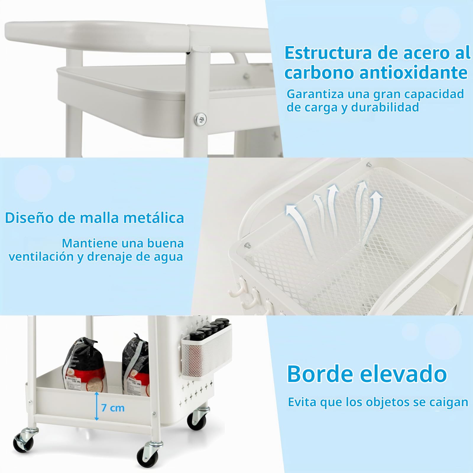 KOMFOTTEU Carro de Almacenamiento de 3 Niveles, Carrito Rodante con 2 Tablero de Clavijas, 2 Cestas y 4 Ganchos, Carro de Servicio de Metal para Cocina, Baño, Oficina, 52 x 33 x 75 cm (Blanco)