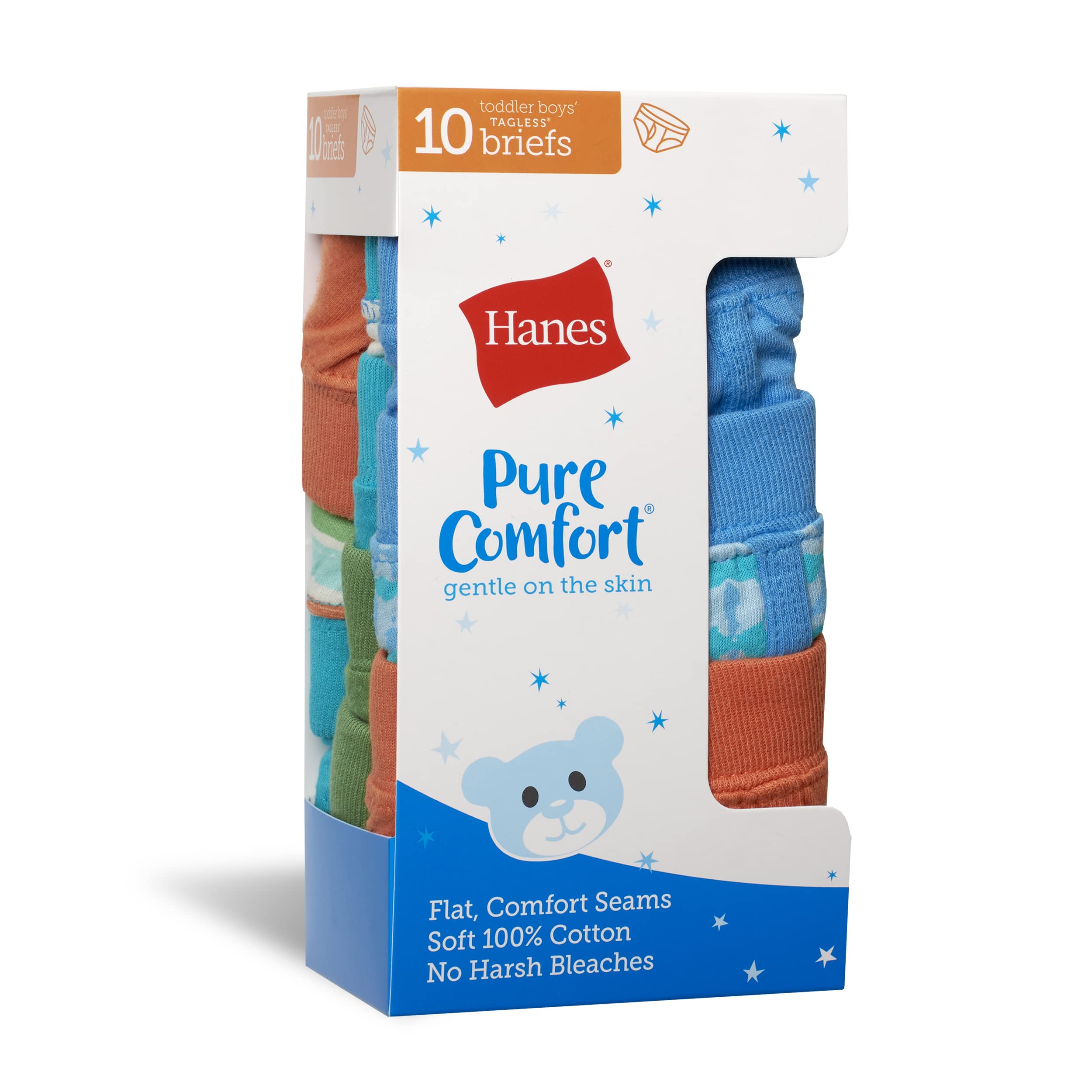 Hanes Toddler Boys' Underwear, Pure Comfort 100% Cotton Brief Underwear, 10-Pack, Assorted, 4T