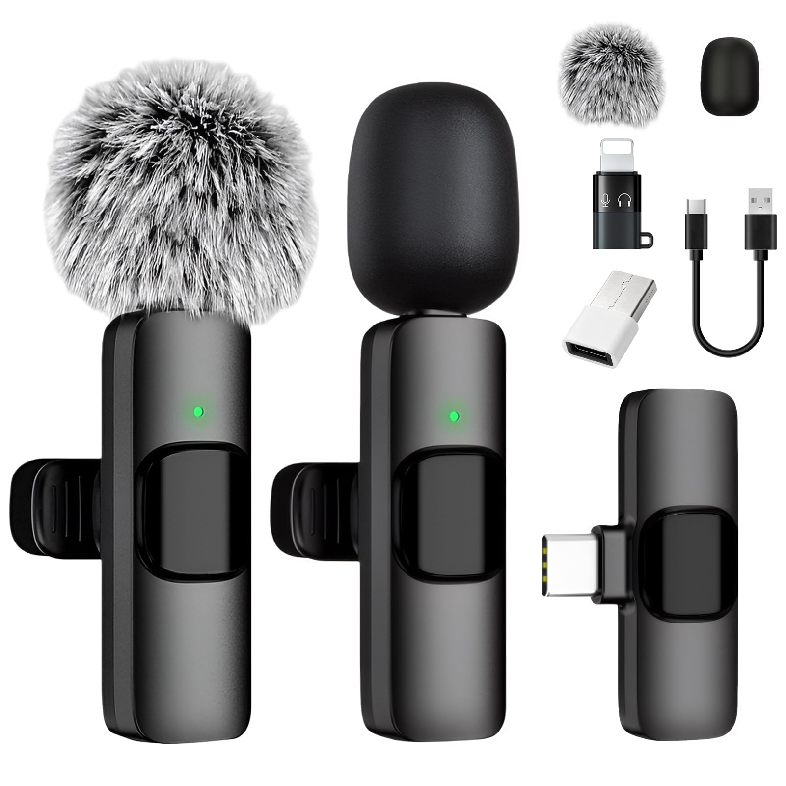 2-Pack Wireless Lavalier Microphone for iPhone & Android, Plug & Play Mic