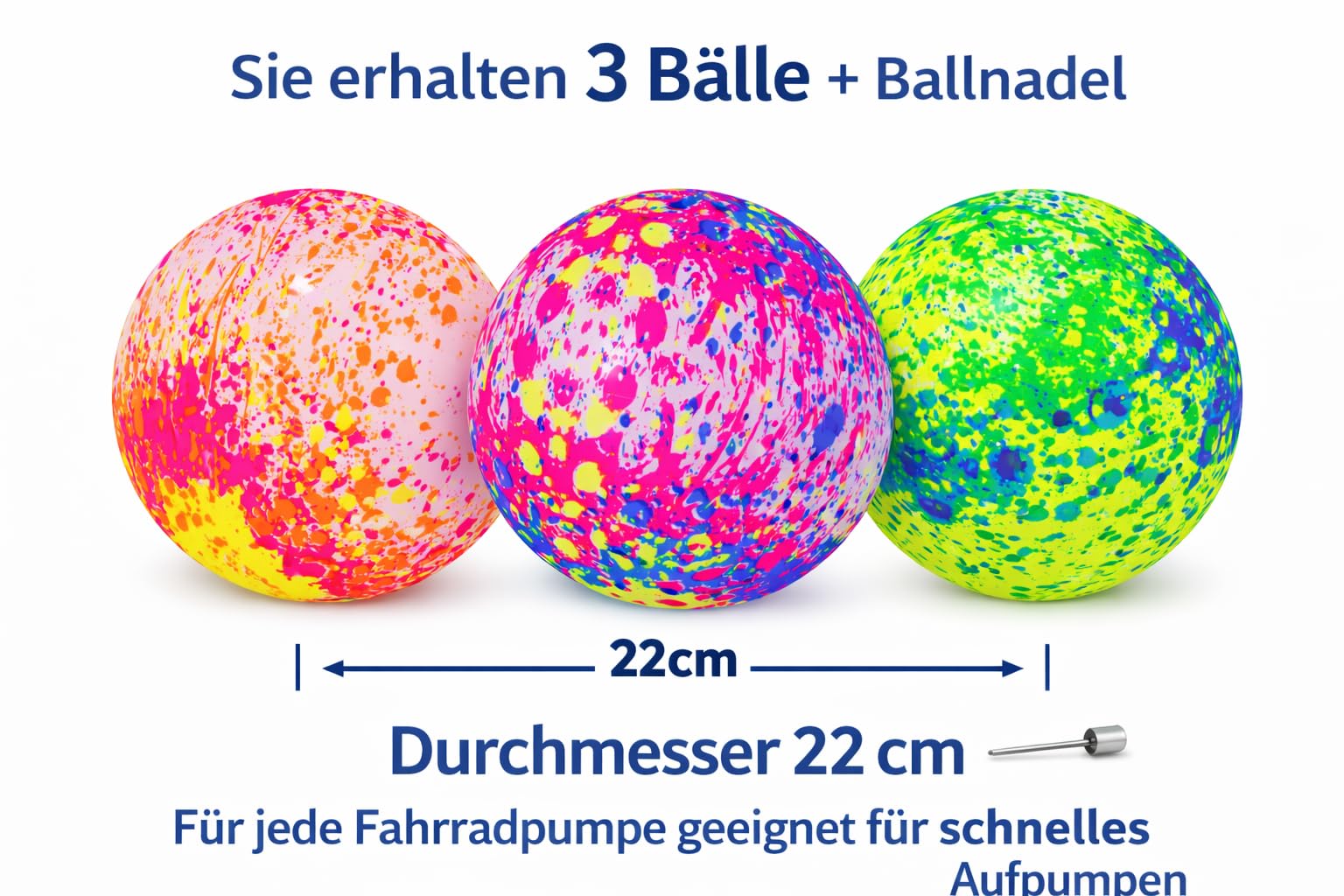 3er Set Kinderbälle Ø 22 cm – Leichte Freizeitbälle für Garten & draußen – Bunt gesprenkeltes Design – inkl. Ballnadel