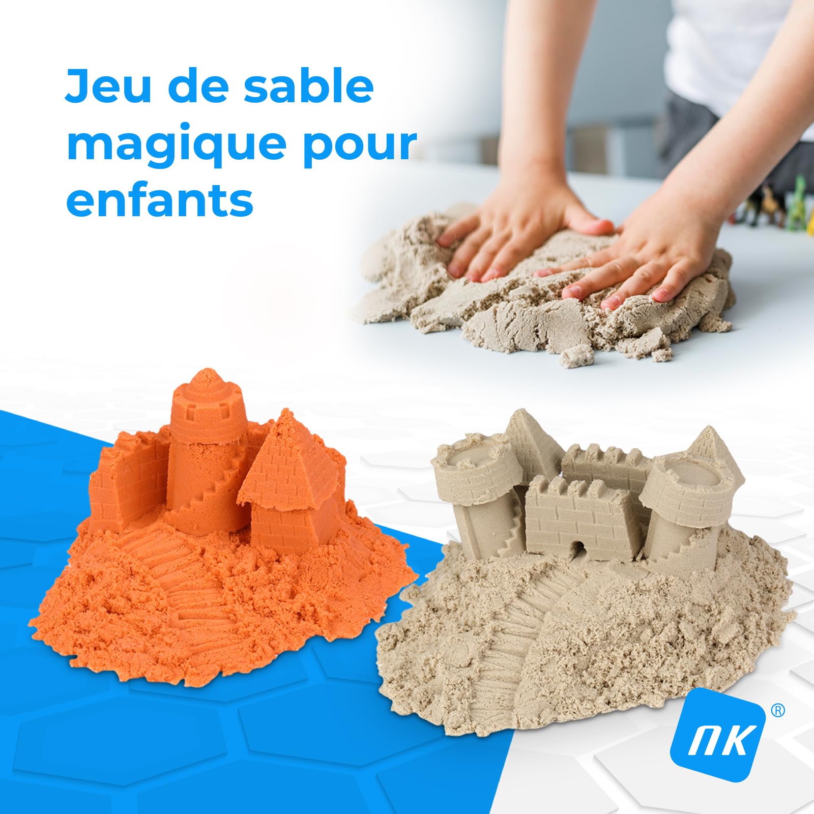 NK Jeu Sable Magique pour Enfants 2 3 4 5 6 Ans - Set de Construction pour Enfants avec 1.36kg Sable 2 couleurs et Bac à Sable de 40x40cm, Jouet Cadeau Original pour Noël et Anniversaire (48 pièces)