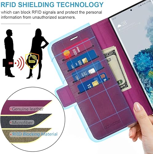 Miniatura 4 de KEZiHOME Funda de piel auténtica con tapa para Galaxy S23 Plus 5G  Soporte de soporte, ranura para tarjetas, bloqueo RFID, color caquimarrón