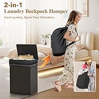 Vista 2 de Cesta de lavandería 2 en 1 de 60 litros con mochila para la lavandería, cesta impermeable con tapa, bolsa de lavandería con correas para el hombro