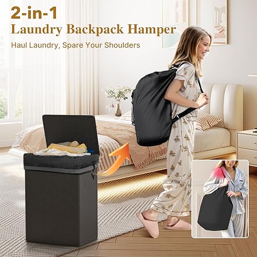 Miniatura 2 de Cesta de lavandería 2 en 1 de 60 litros con mochila para la lavandería, cesta impermeable con tapa, bolsa de lavandería con correas para el hombro y