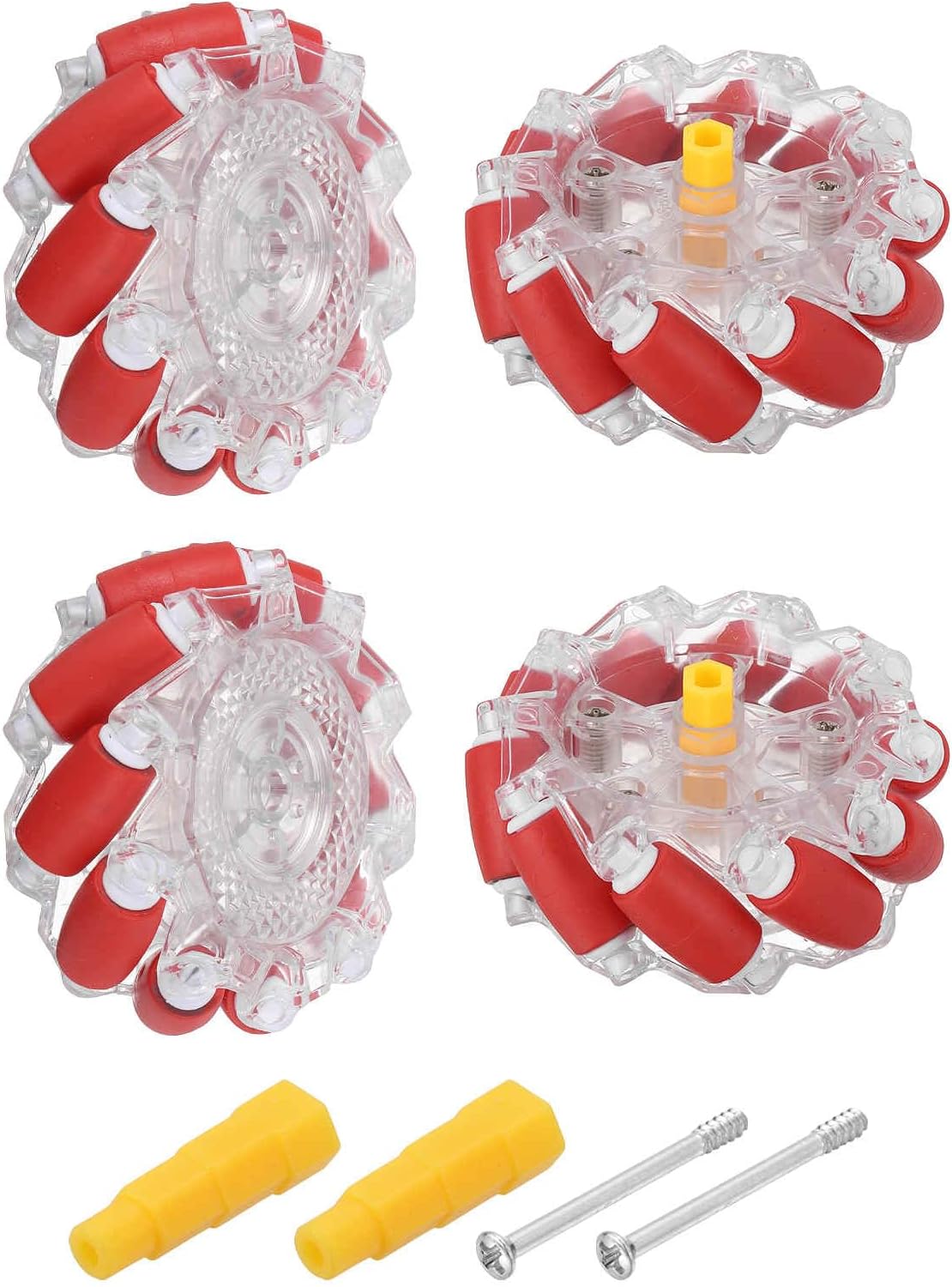 MECCANIXITY 2Set Mecanum Wheels Set with Hexagonal Universal Pins and Screws, 66mm / 2.6" ABS Rubber Omnidirectional Wheels for Smart Robot Car Parts DIY Models Accessories, Red