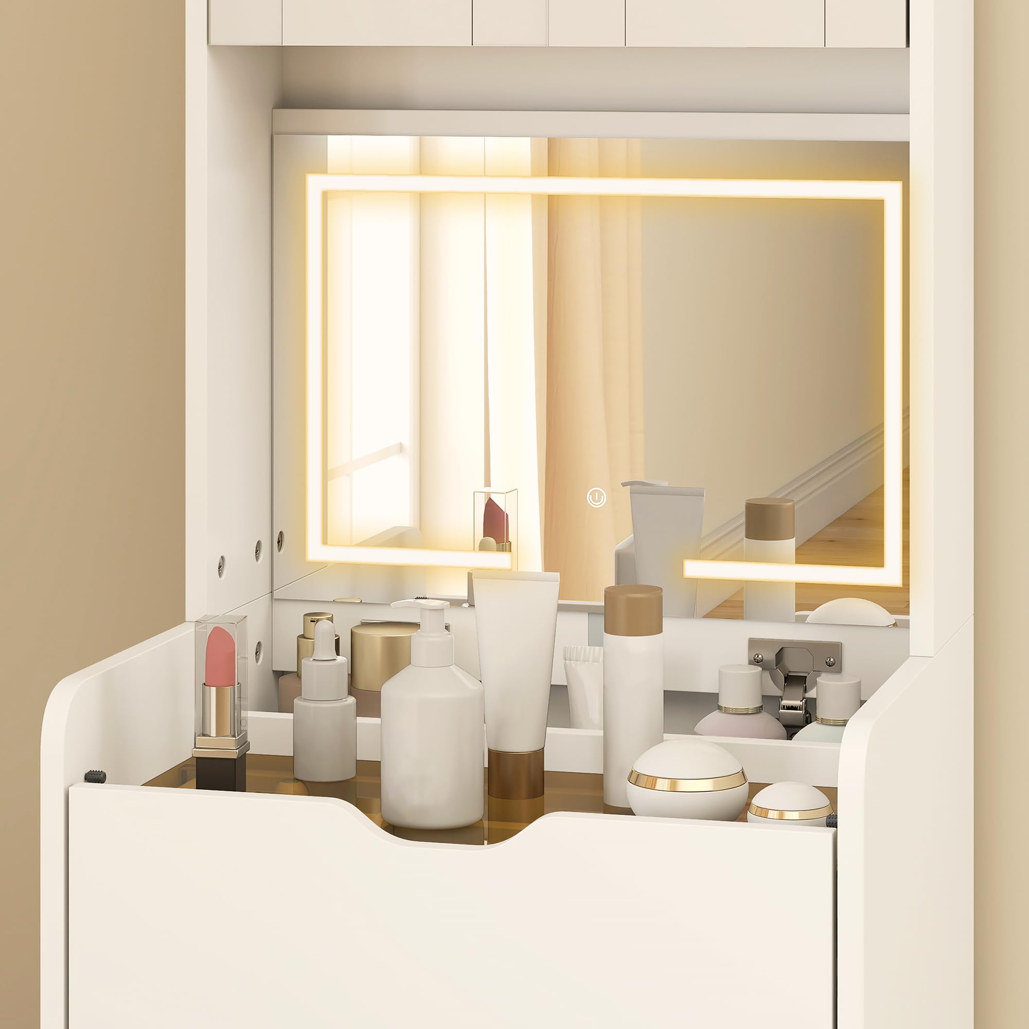 HOMCOM Postazione Trucco con Luci LED a 3 Colori, Specchio a Ribalta, Toeletta Trucco Moderna con Sgabello Imbottito a Scomparsa, 3 Cassetti, Armadietto con Ante in Vetro, Scomparto, Bianco