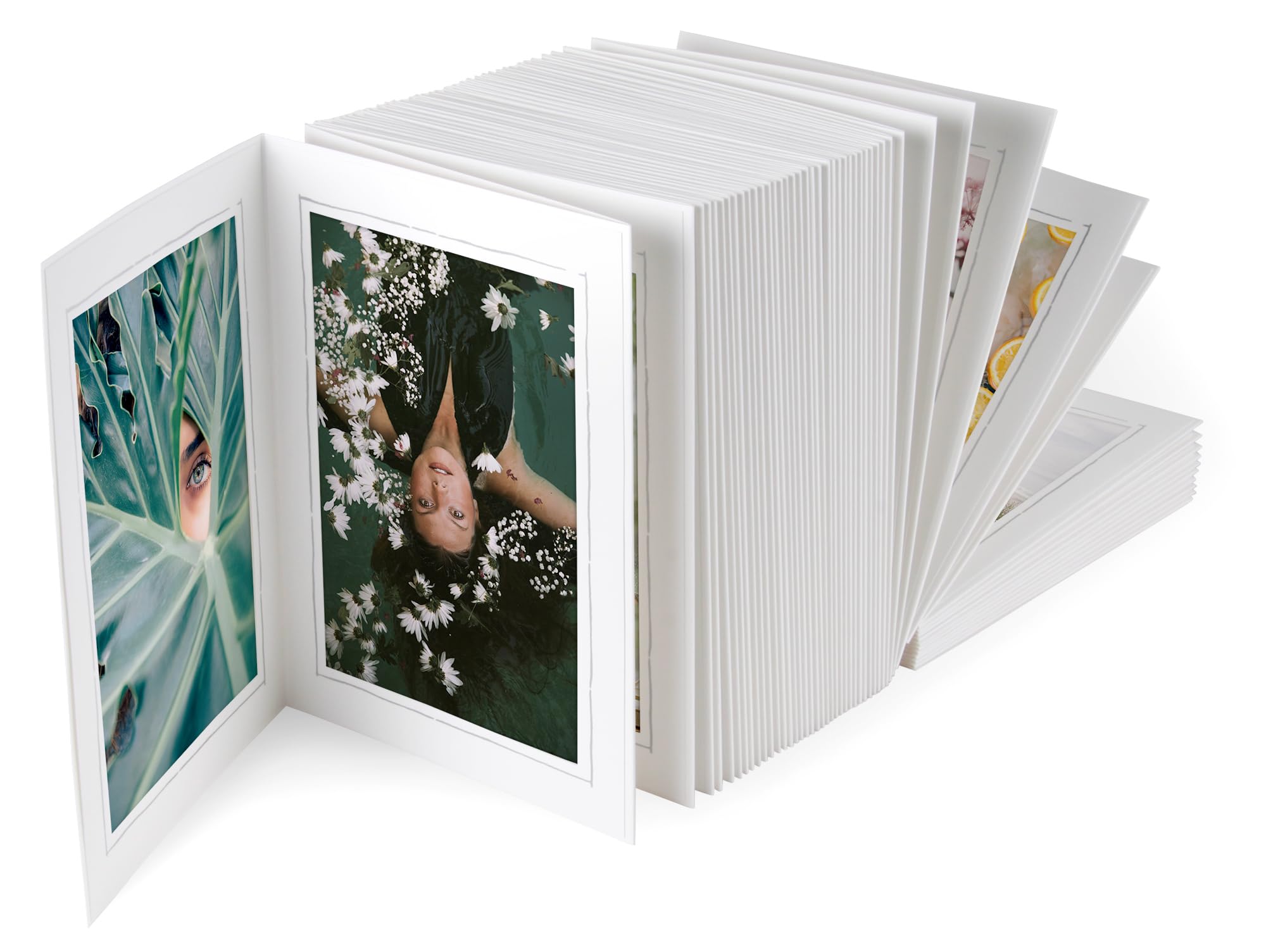 Leinen-Leporello 15x21 cm weiß mit silber Umrandung Passepartout für Fotos 13x18 cm Ziehharmonika Bildercollage Hochzeit