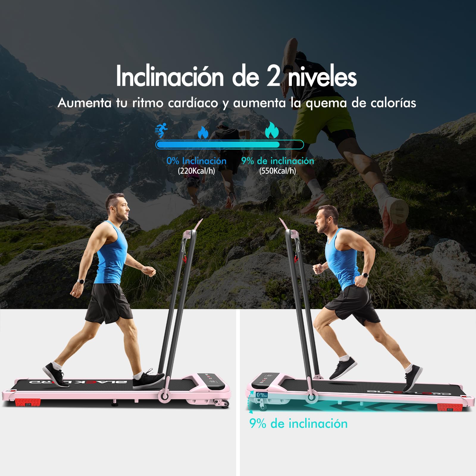 BLACK LORD Cinta de Correr con inclinación del 9% y pasamanos, 3,2 HP Walking Pad, Cinta de Correr eléctrica 4 en 1, 12 programas preestablecidos, Altavoz Integrado, Capacidad de 140 kgRosa