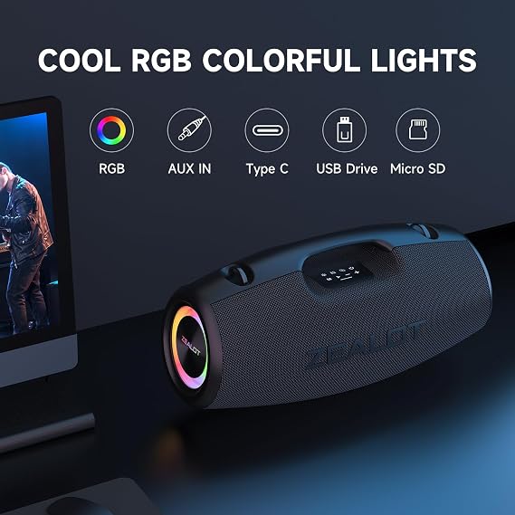 ZEALOT 150W Peak Portable Bluetooth Speaker, Speaker with Deep Bass, Wireless Speaker IPX6 Waterproof, 40H Playtime, EQ Modes, USB/TF/AUX, LED Lights for Outdoor, Camping, Beach & Home Parties