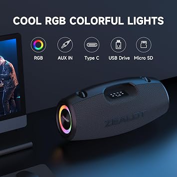 ZEALOT 150W Peak Portable Bluetooth Speaker, Speaker with Deep Bass, Wireless Speaker IPX6 Waterproof, 40H Playtime, EQ Modes, USB/TF/AUX, LED Lights for Outdoor, Camping, Beach & Home Parties