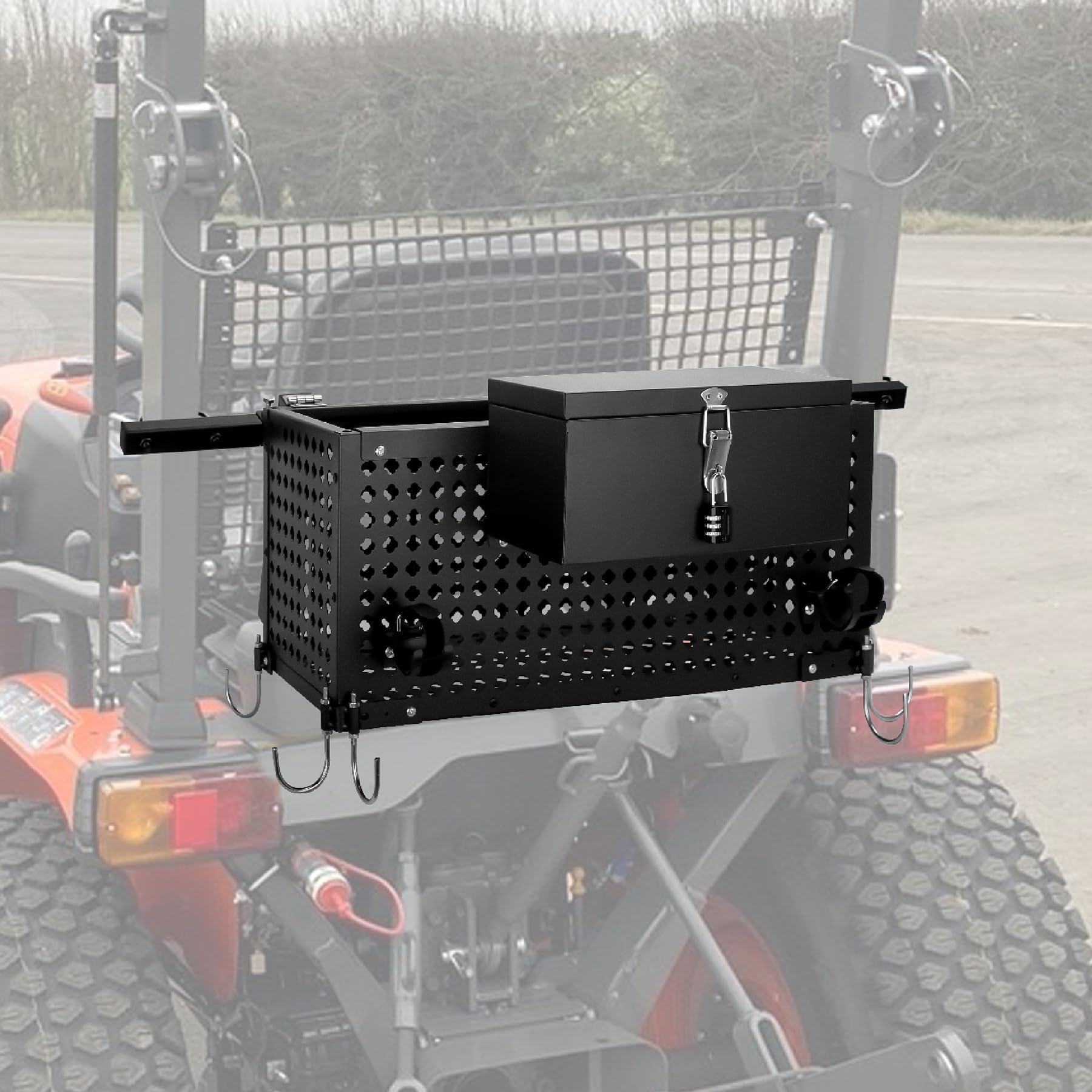 Heavy Duty Tractor Tool Box,Tractor Tool Tray with Lockbox and 27"-39"Adjustable Extension Rod,Tractor Basket Capacity 200 LBS with Universal Fitting Tractor Attachments,Used for Storage (Black)