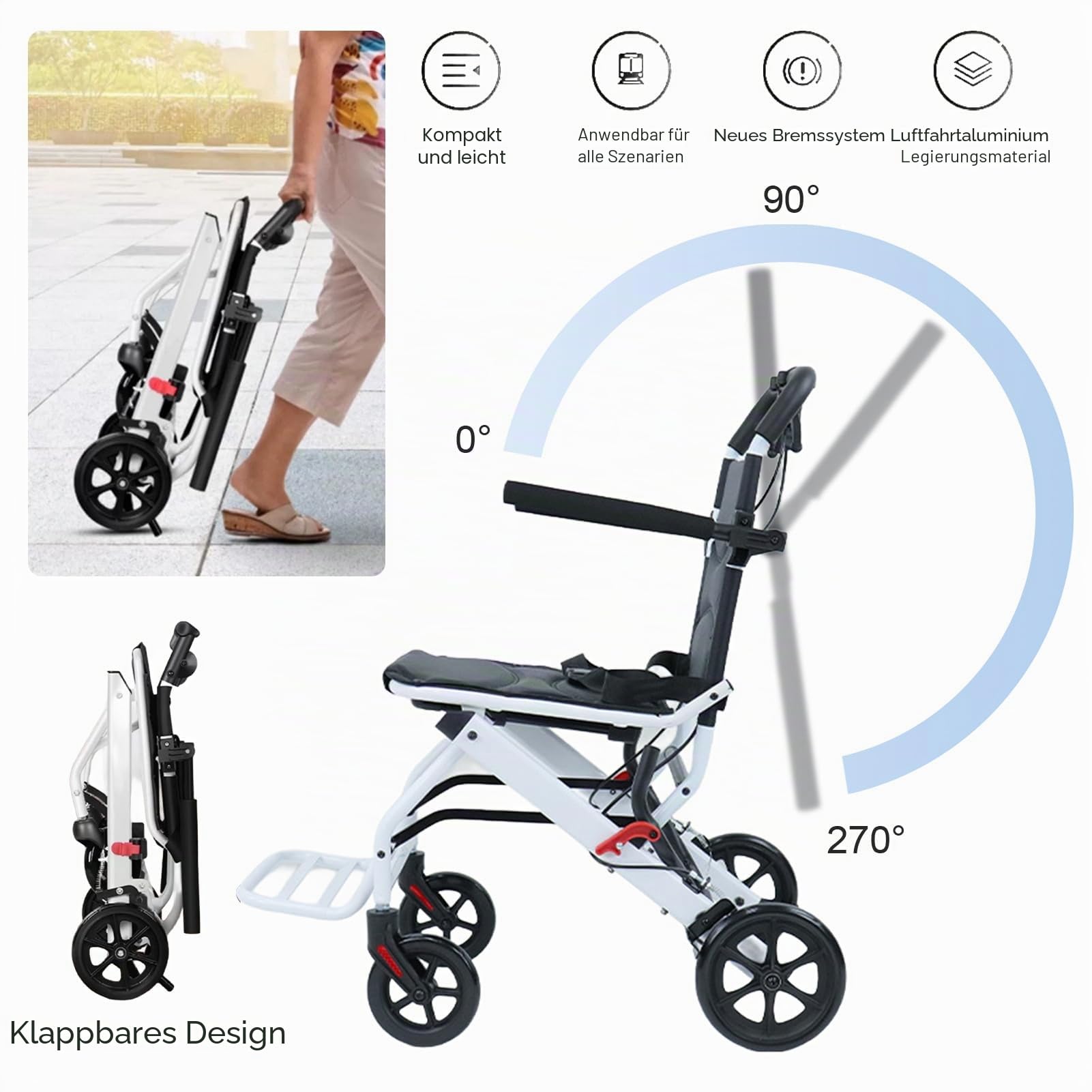 Ultraleichter Rollstuhl, Faltbarer Reiserollstuhl mit Nur 8,2kg, 100kg Belastbarkeit, Sicherheitsgurt und Handbremse, Ideal für Senioren und Unterwegs (Schwarz)