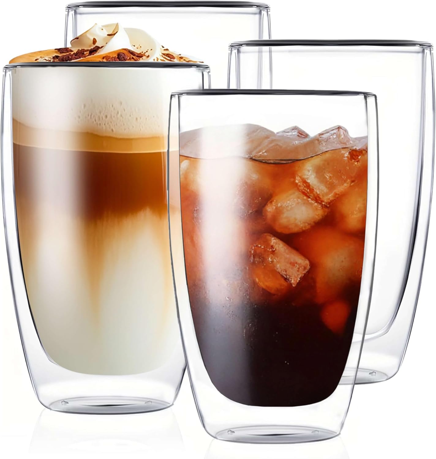 MESNEY 17 oz Double Walled Glass Coffee Mugs, Glass Coffee Mugs Set of 4, Insulated Clear Cappuccino Latte Mugs for Home, Cafe & Restaurant, Durable Stackable Drinking Glasses