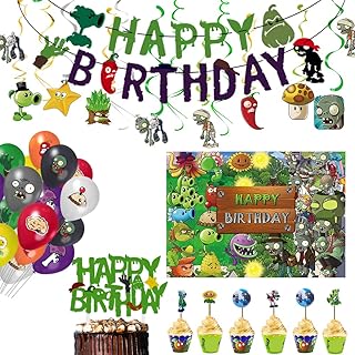 PVZ Game Plants Theme Zombies Party Decorations Set with Happy Birthday Banner,Backdrop, Cake Topper, Cupcake Topper, Cup Cake Wrappers, Zombies Hanging Swirls and PVSZ Balloons for PVSZ Party Supplies /Kids Room Decor Background