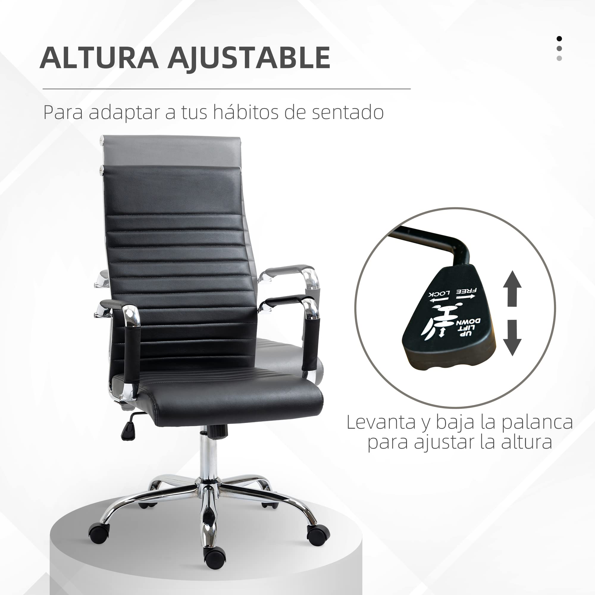 Vinsetto Silla de Escritorio Giratoria con Respaldo Alto Ruedas Negro | Silla de Oficina, Ruedas Giratorias, Altura Ajustable, Función Basculante, Reposabrazos, Tapizado en Cuero Sintético