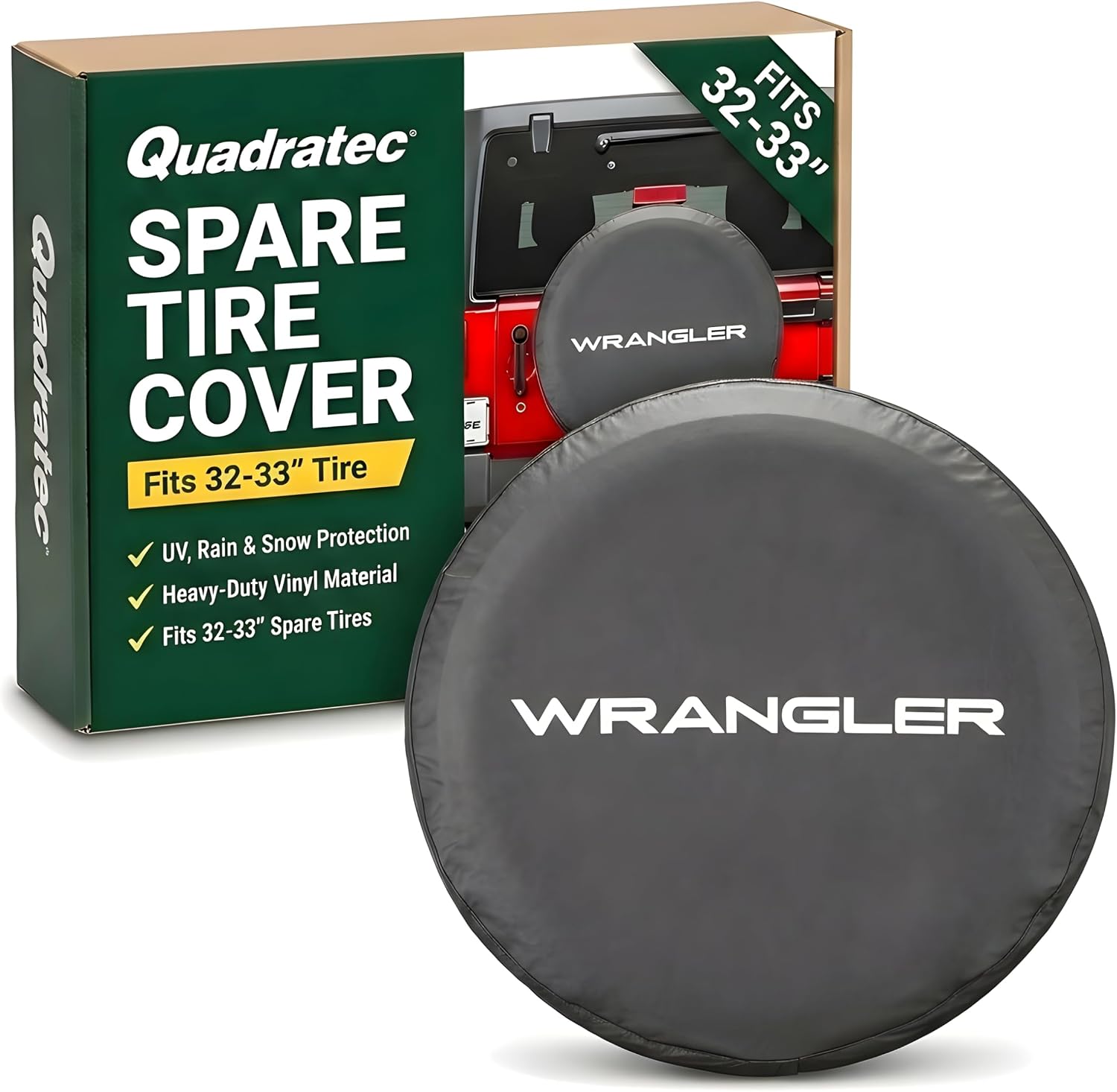 Quadratec Spare Tire Cover - Fits Jeep Wrangler & Gladiator up to 33" Tires - Weather-Resistant Jeep Tire Cover for Spare Tire - Multiple Design Options (Wrangler, 32"-33")