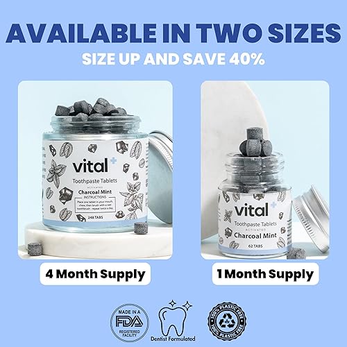 Miniatura 7 de Vital Tabletas de pasta de dientes blanqueadora de menta y carbón con nano-hidroxiapatita  62 tabletas  Pasta de dientes ecológica  Sin plástico y