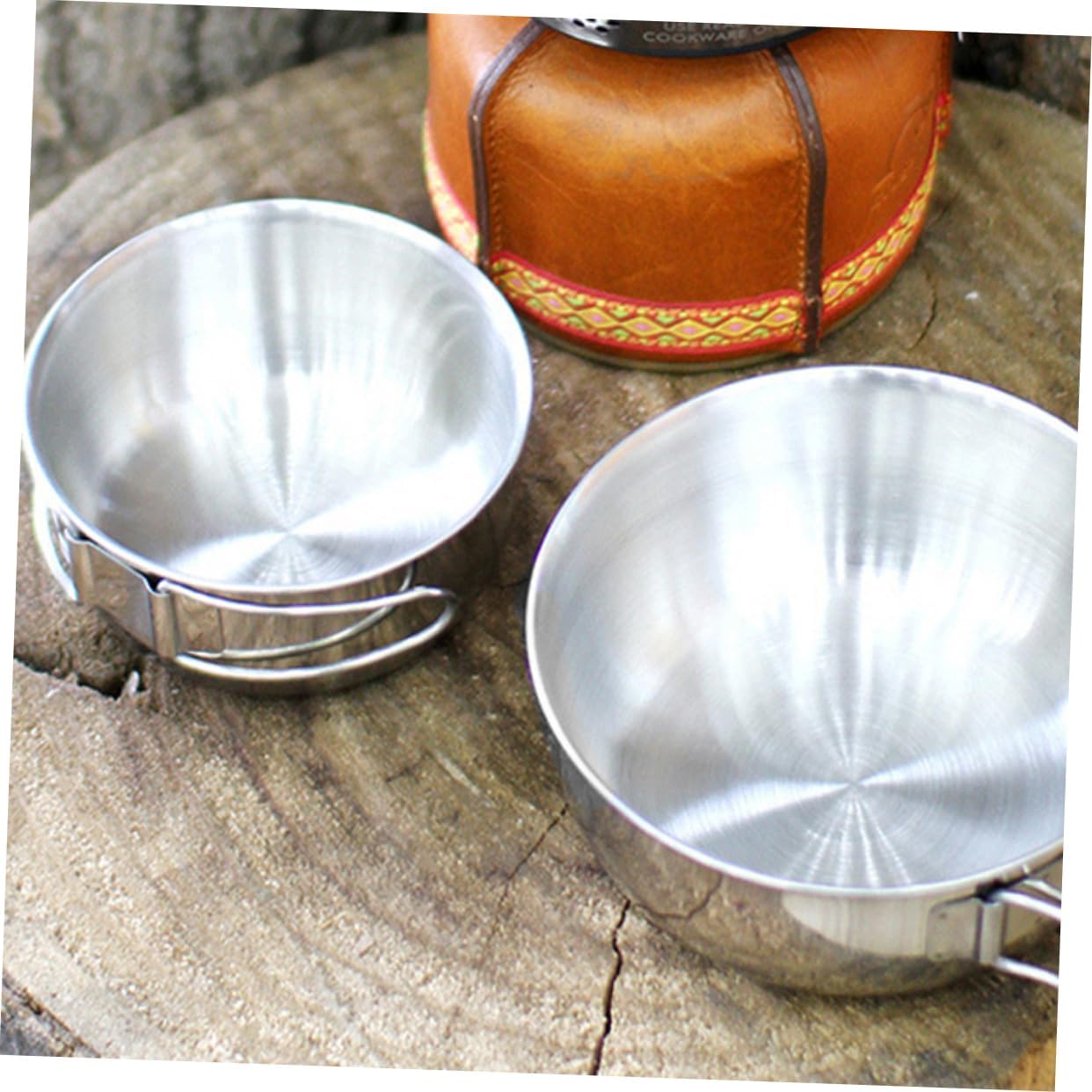 Yardwe 3Pcs Stainless Steel Camping Tableware Foldable Bowls with Ergonomic Handles Mesh Bag Outdoor Cooking Tool for Hiking Picnic Bbq
