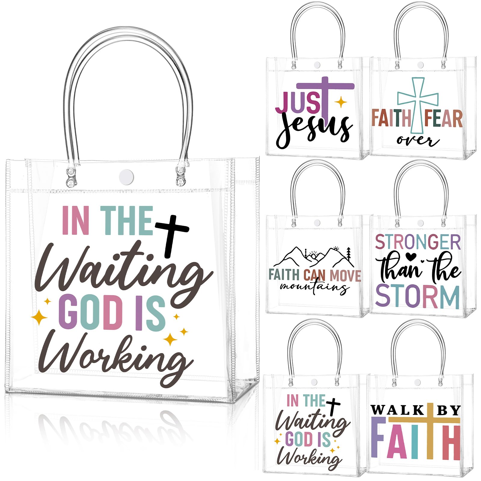 Teenyyou 24 Pcs Christian Clear Gift Bags Religious Scripture Cross Design PVC Tote Bags with Handles Reusable Transparent Handbags for Church, Bible Study, Baptism, Christian Events