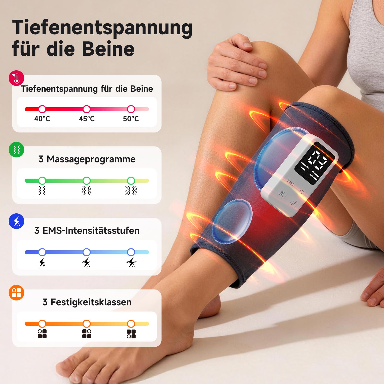 Kabelloses Wadenmassagegerät mit EMS, Bein Massagegerät mit Heizung & Luftkompression – 3 Modi + 3 Stufen für Beine Waden Unterschenkel