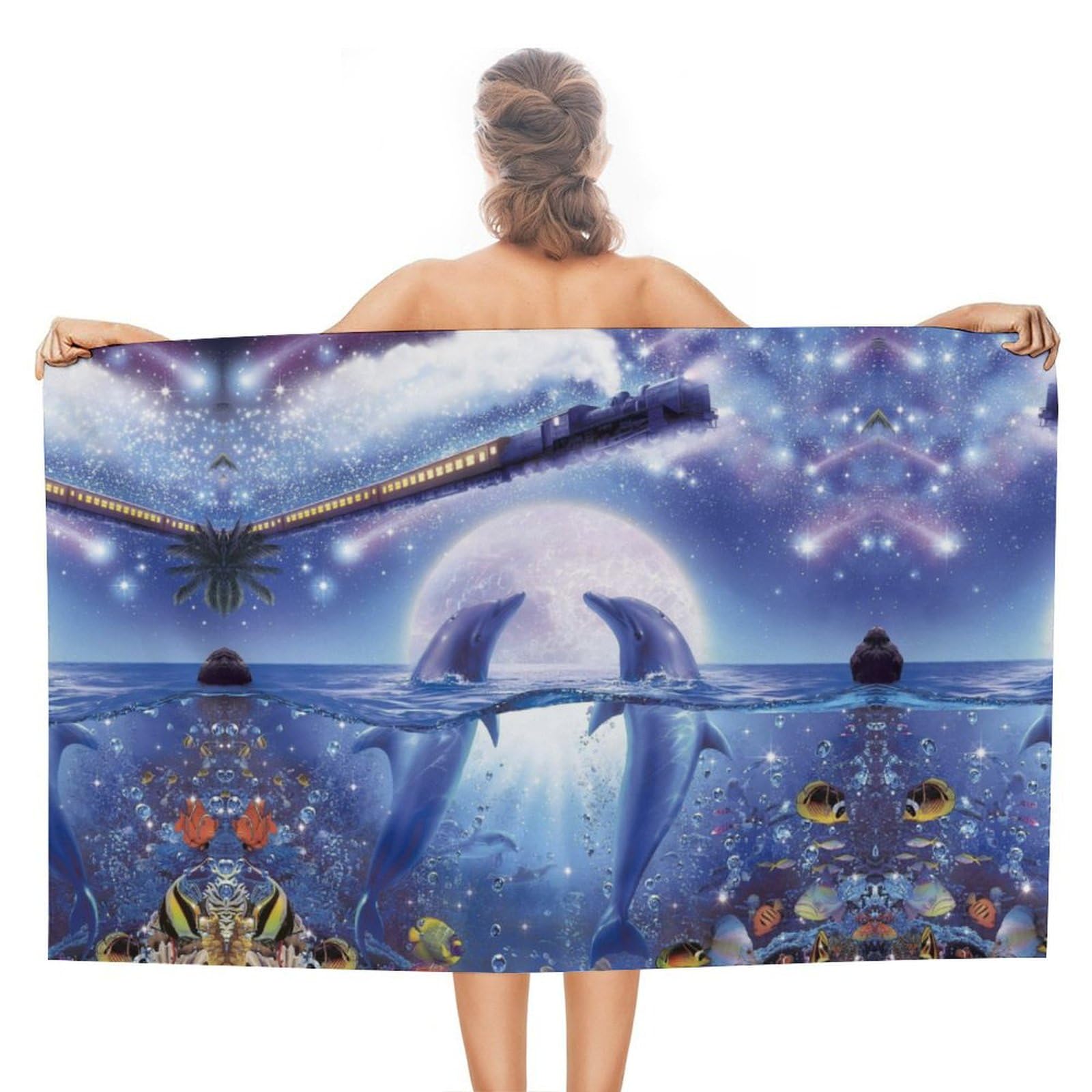 LWORZIIB Beach Towel, Dolphin Train Bath Towel, Absorbent Towel for Swimming, Sports, Travel