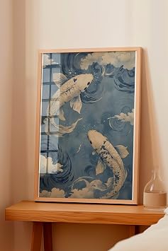 Zestia Wood Framed Table, Koi Fish, Among Japanese Waves, Blue Tones Poster No: 107505 30 x 40