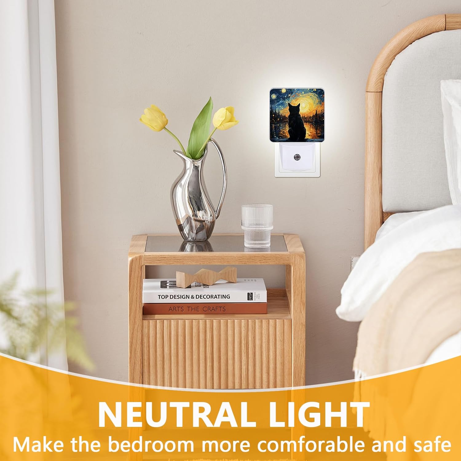Lonely Cat Night Light, Plug-into Starry Night Nightlight White LED Lamp, Energy Efficient Decor Desk Lamp for Bedroom Hallway Stairs Bathroom