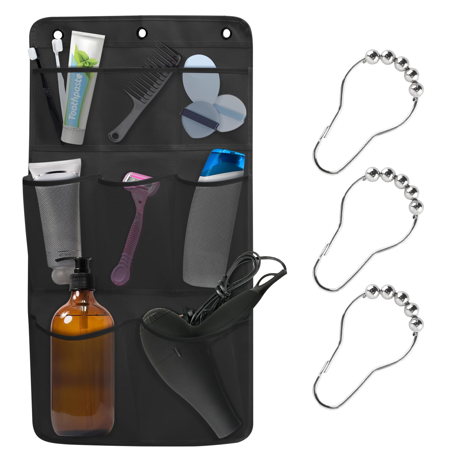 1 Pack Mesh Shower Caddy Hanging 8 Pockets Hanging Shower Organizer,Quick Drying Mesh Shower Caddy,Portable Bathroom Organizer for Cruise Ship RV Camper Dorm Bathroom with Shower Curtain Hooks(Black)