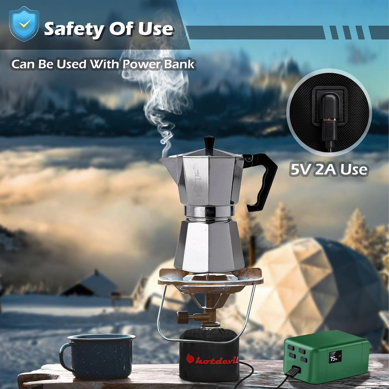 Hotdevil Isobutane fuel canister storage bag Suitable for 100g fuel tanks Electrically heated Type-C 5V 2A Temperature rise up to 50°C and constant temperature for Outdoor Camping Cooking Hiking BBQ