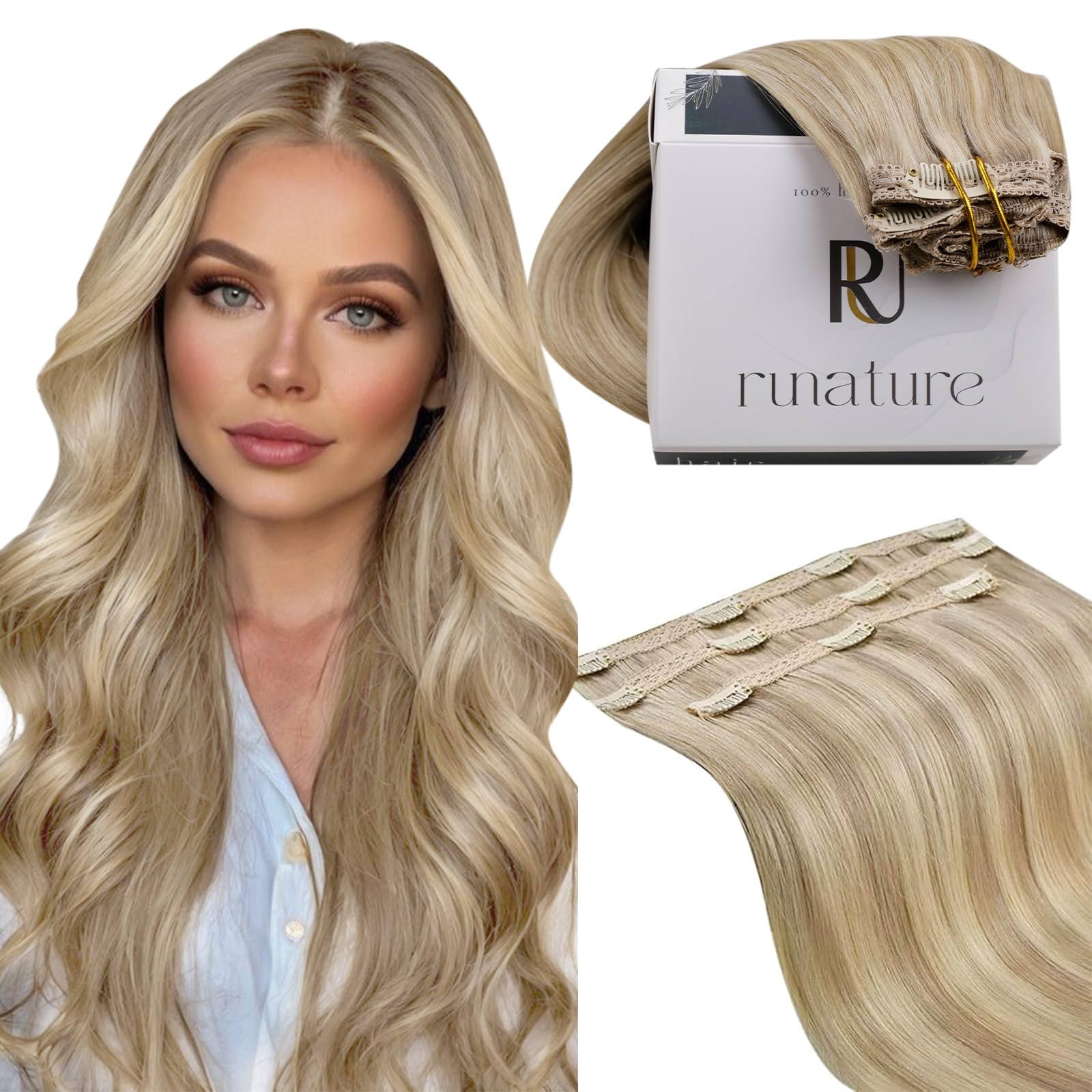 RUNATURE Real Hair Clip Extensions Blonde Highlighting Long Clip-In Extensions Real Hair 50 cm 3 Pieces Real Hair Extensions Clip Golden Blonde with Light Blonde Human Hair 50 g #16P22