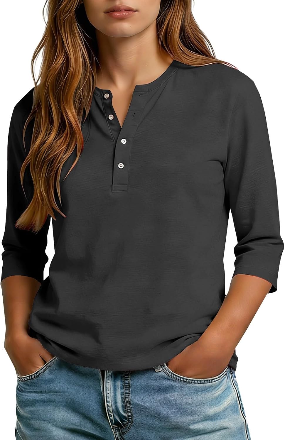 Women's Tops 3/4 Sleeve Button Up Henley Neck Polo Cute Tops Loose Soft Dressy Casual Solid Oversized Summer Shirts