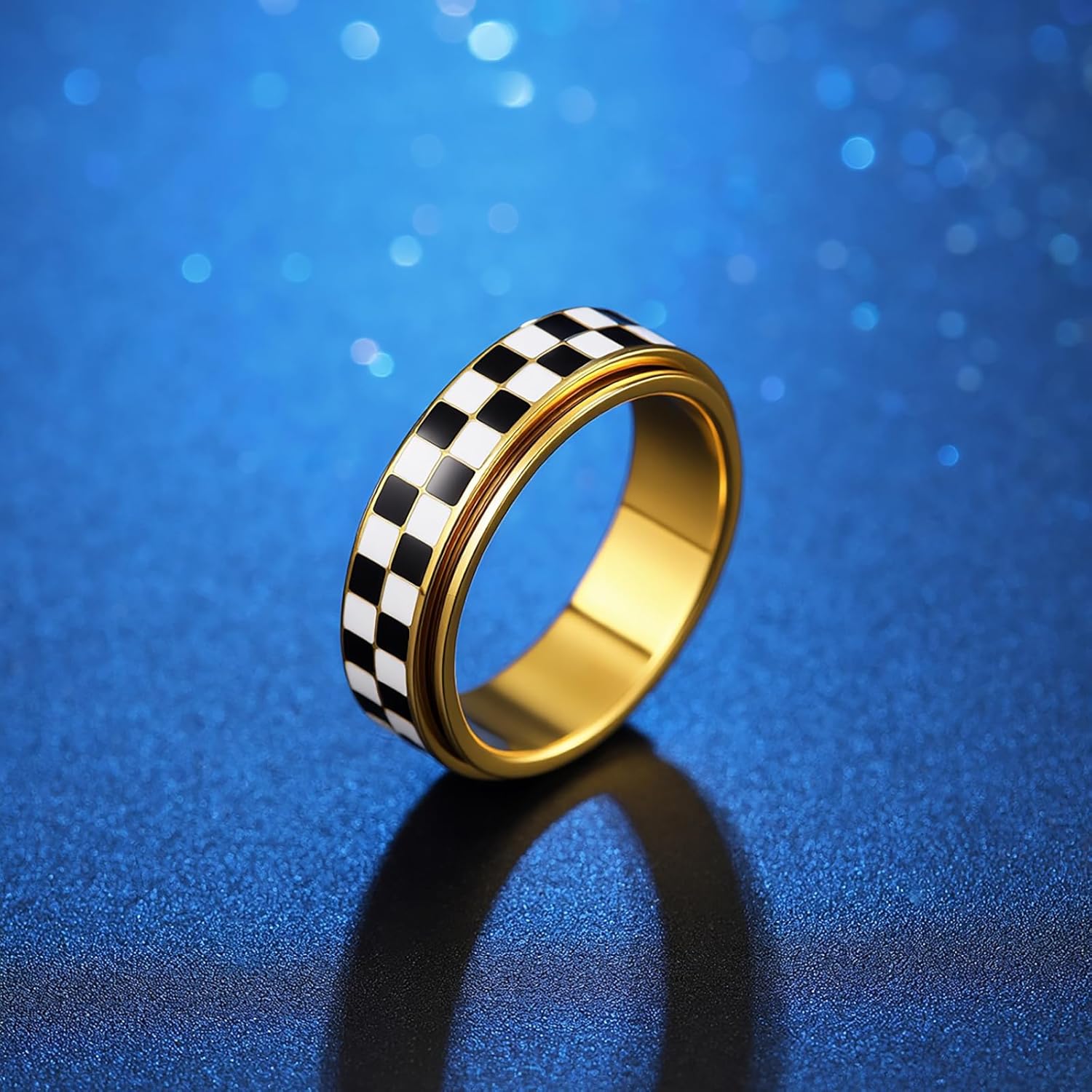 Checkered Fidget Spinner Ring for Adults, 18K Gold Plated Stainless Steel Rotating Anxiety Relief Jewelry Gift for Women Men(Black and White Pattern) - Image 5