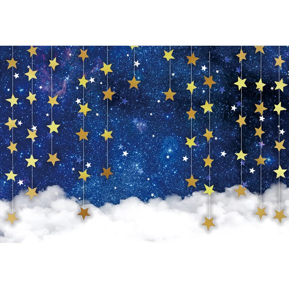 Cielo Stellato Sfondo 600x300cm Oro Stelle Nappa Nuvole Bianche Fotografia Sfondo Scintillio Scintillio Piccole Stelle Festa di Compleanno Fotografia Sfondo Baby Shower Banner