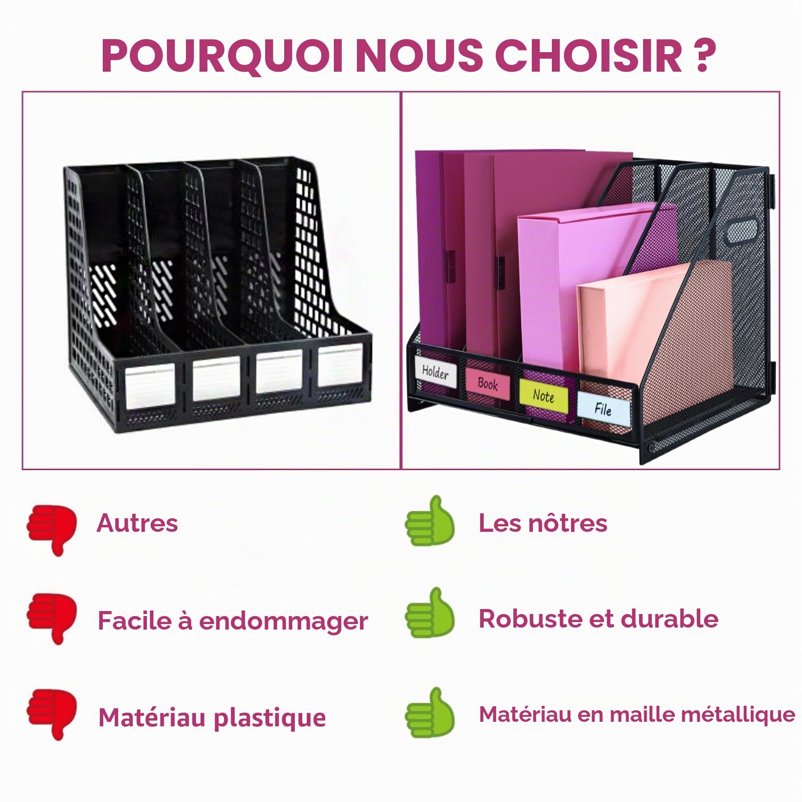 Porte-revues pliable en Métal robuste - Vertical Corbeilles à Courrier A4 Banette de Rangement, Classeur sur pied peu encombrant avec 4 compartiments pour le bureau et la maison, Noir