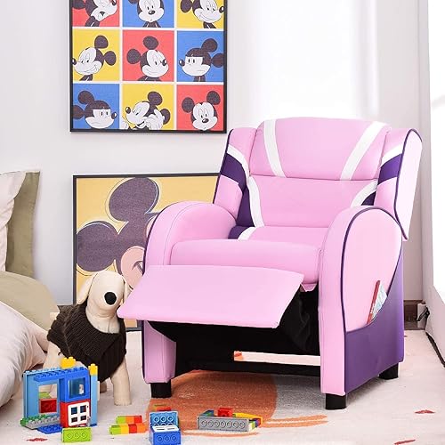 Miniatura 16 de ReunionG Sofá reclinable para niños, sillón de cuero para niños con reposapiés, reposacabezas, silla reclinable de juegos para sala de estar,