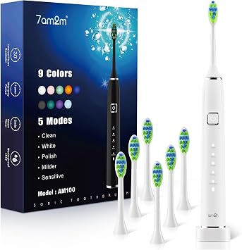 7AM2M Sonic Electric Toothbrush with 6 Brush Heads for Adults and Kids, One Charge for 90 Days, Wireless Fast Charge, 5 Modes with 2 Minutes Build in Smart Timer, Electric ToothbrushesWhite