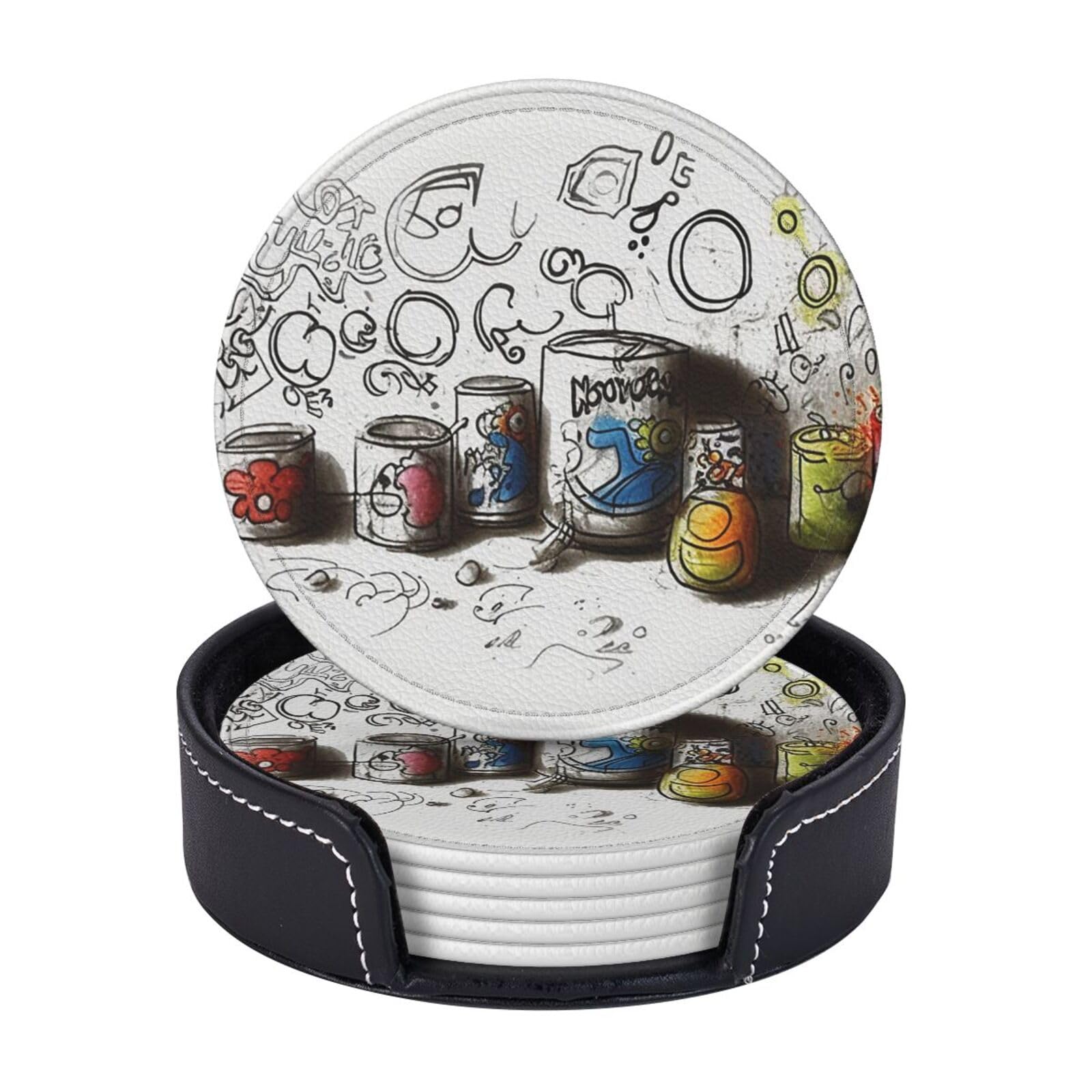 6PCS Drink Coasters with Holder, 4" Leather Coasters for Drinks, Graffiti on Various Objects Cup Coasters for Coffee Table Decor, Non-Slip Drinking Cup Mat for Hot or Cold Drink