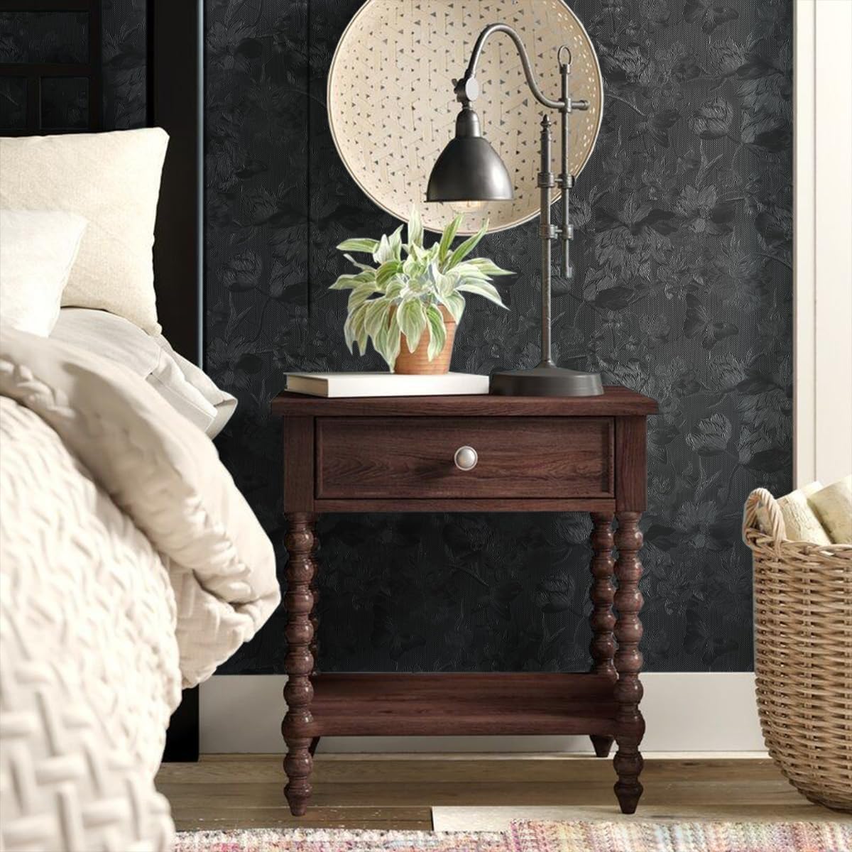 Black Peel and Stick Wallpaper Black Floral Wallpaper 15.7inch x 393.7inch Vintage Embossed Textured Contact Paper Embossed Self Adhesive Wall Paper for Cabinets Pure Flower Removable Vinyl