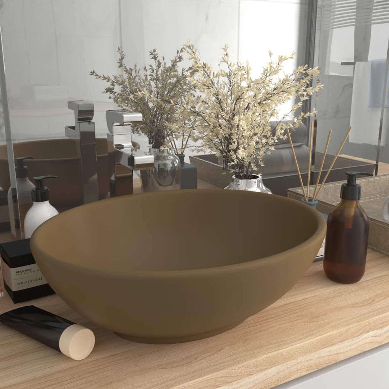 Lavabo de Lujo Ovalado cerámica Crema Mate 40x33 cm, Fregadero, Lavabo Baño, Lavamanos Baño, Lavatorio Casa De Banho, Mueble Lavabo sobre Encimera