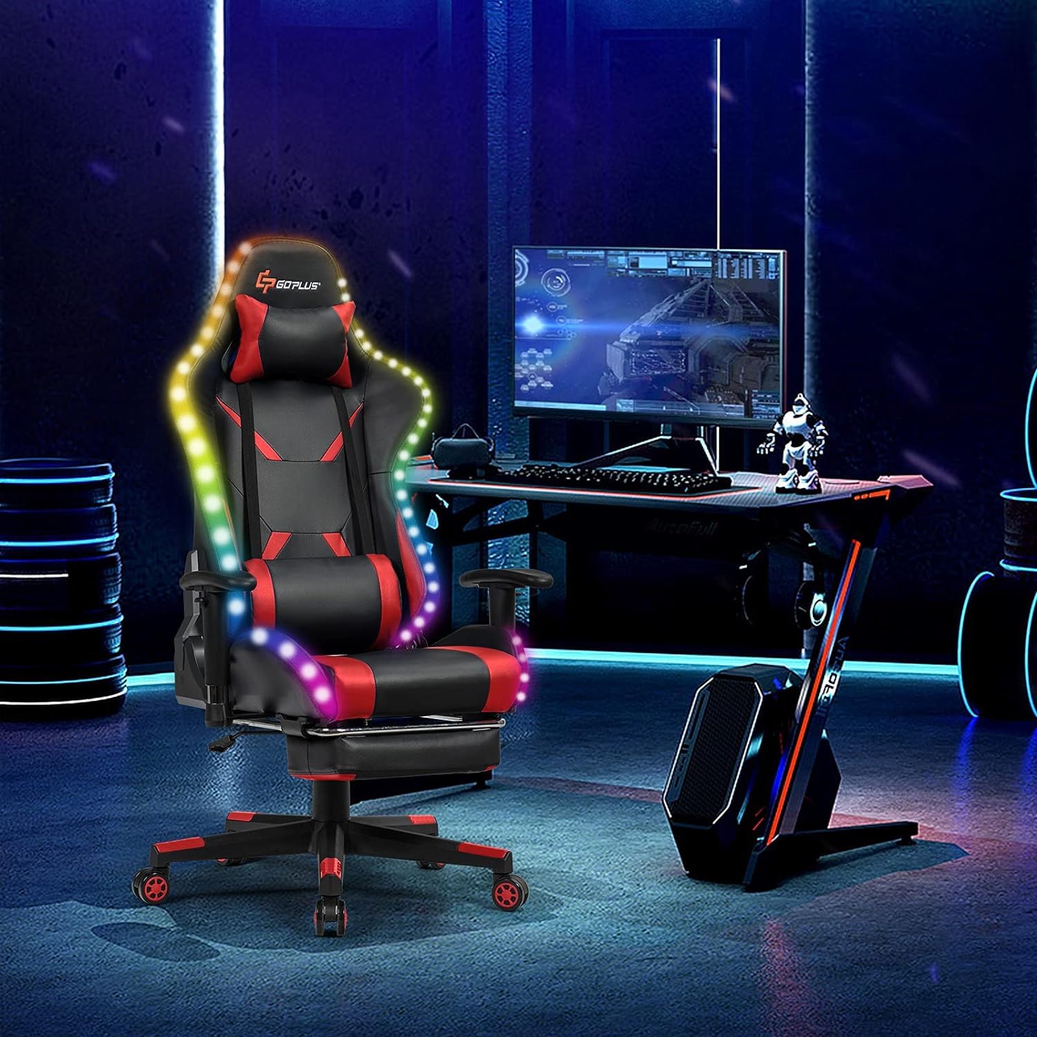 GOPLUS Silla Gaming, Silla Gamer Giratoria con Respaldo Reclinable 90-155°, Luces LED RGB, Altura y Reposabrazos Ajustables, Reposapiés Retráctil y Soporte Lumbar, Silla Ergonómica para Oficina (Rojo)