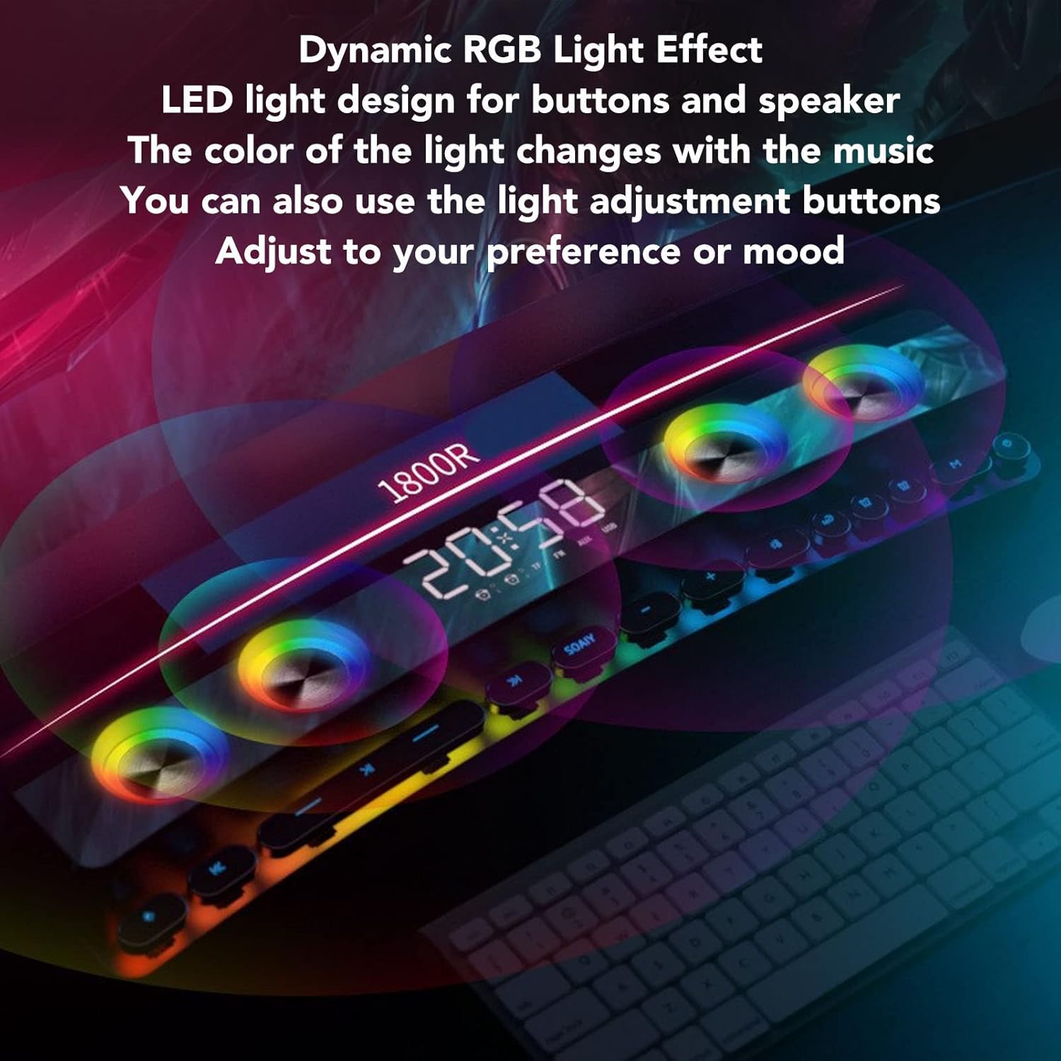 Bluetooth Computer Speaker, PC Gaming Speaker Sound Bar with Dynamic RGB Light HiFi Stereo Sound FM Radio Alarm Clock 13 Mechanical Keys for Desktop Monitor Laptop Soundbar (White) 6