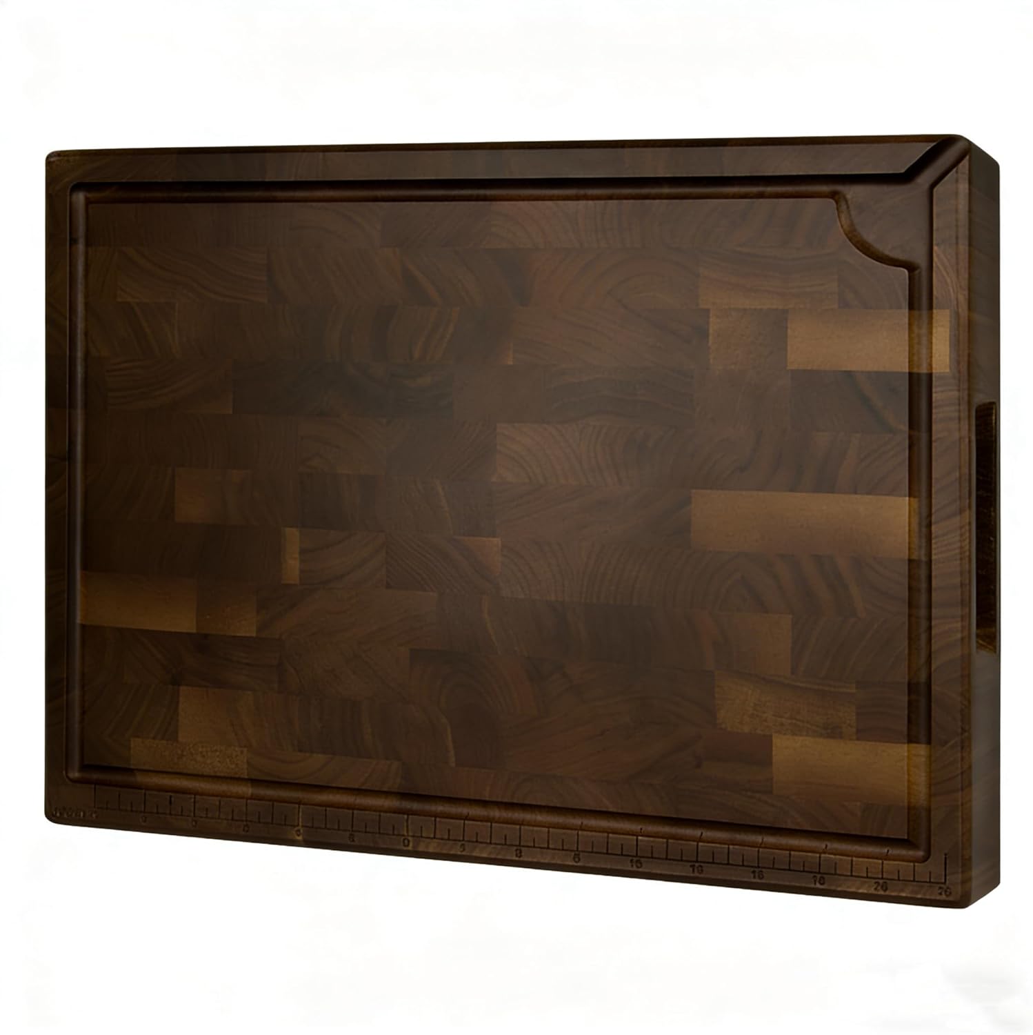 Mitsuharu End Grain Cutting Board, Reversible Large Thick Black Walnut Wood Charcuterie Board Butcher Block 17"x13"x1.5" for Kitchen Use, with Measurements, Juice Groove, Handles, Sorting Compartments