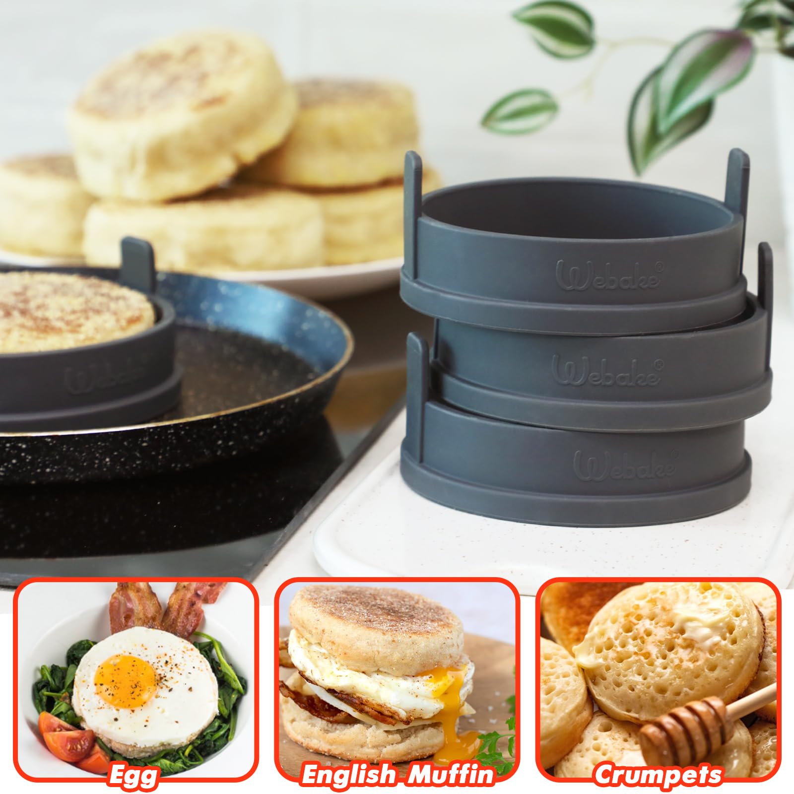 Webake Silikonowe pierścienie do Crumpet 4 sztuki 10 cm, foremka do jajek i naleśników, pierścienie do jajek, foremka do Crumpet, jajka do Crumpet