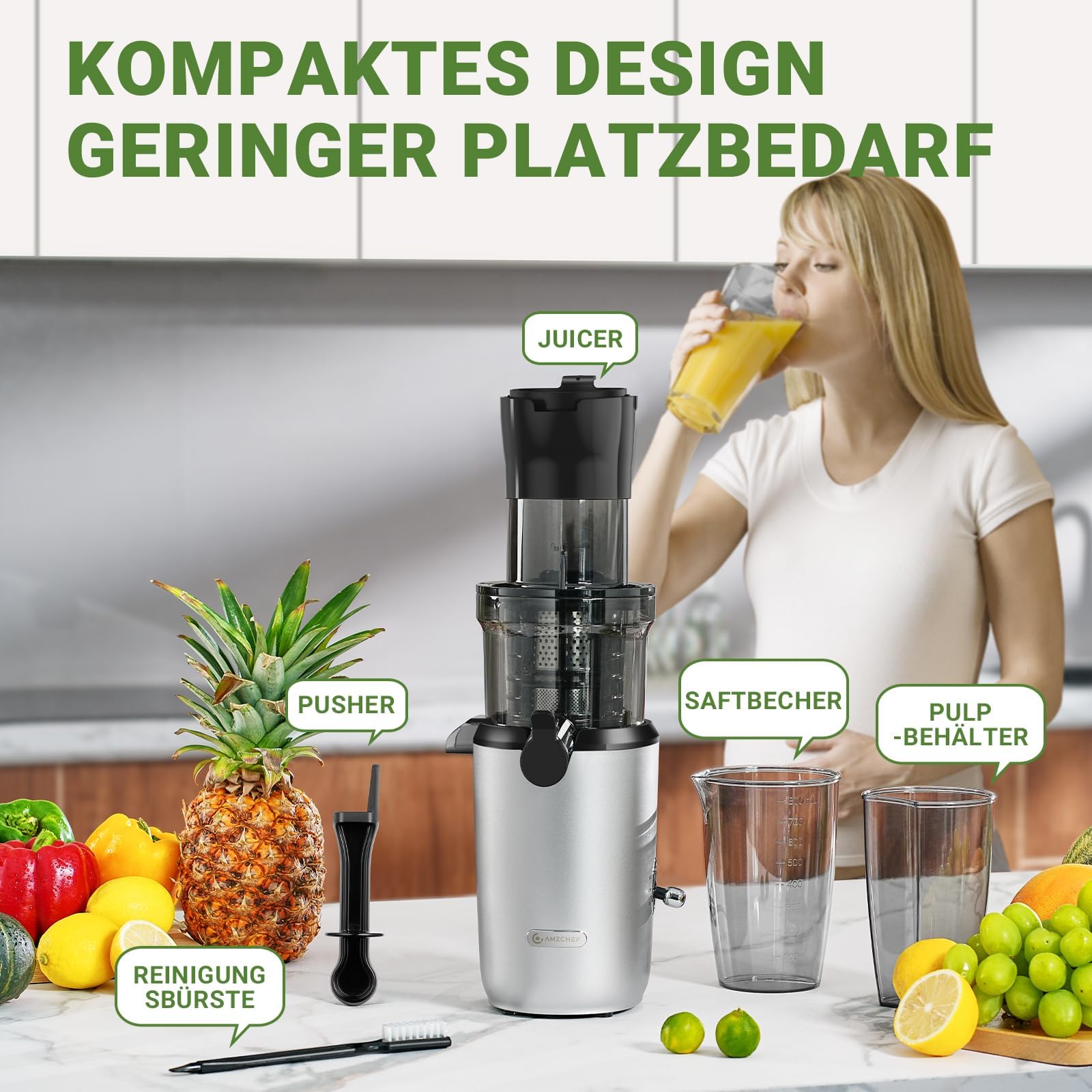 AMZCHEF Extracteur De Jus Pour Fruits Entiers 80MM - Centrifugeuse Sans BPA 200W Avec Tarière Améliorée, Filtre Double Couche, Moteur Silencieux - Gris