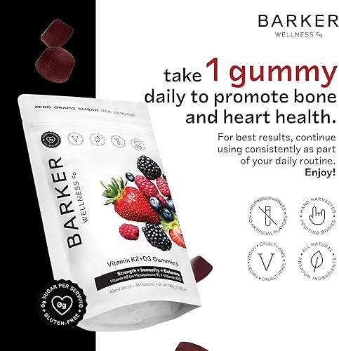 Miniatura 2 de Barker Wellness - Gomitas de vitamina D3 + K2 6000 UI D3 + 200 mcg K2 Fuerza ósea, absorción de calcio y salud cardíaca Veganas, sin azúcar