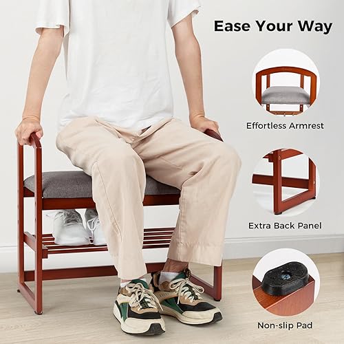 Miniatura 3 de StrongTek Banco de entrada de bambú con reposabrazos, cojín de felpa, diseño ajustable y prácticas asas laterales, banco otomano para sala de estar,