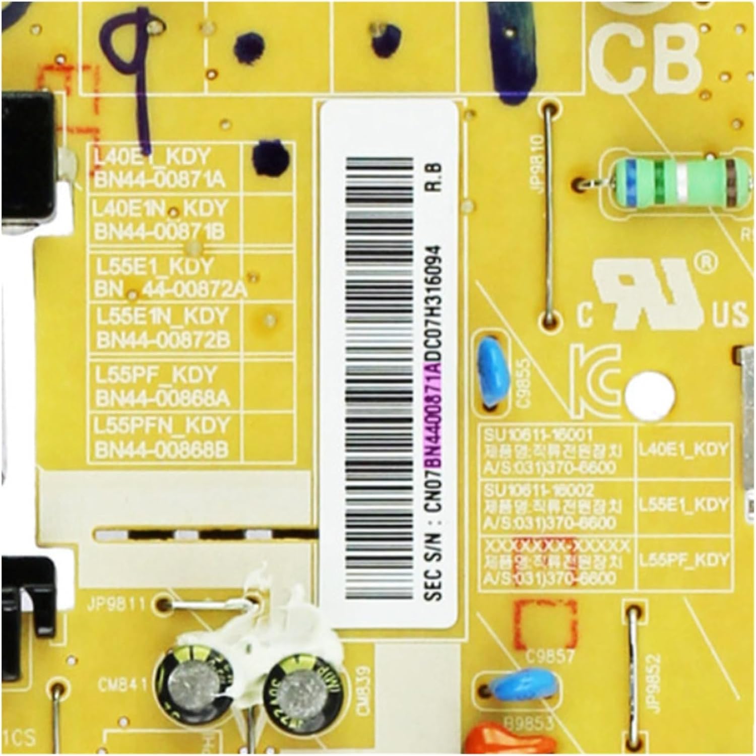 Close-up of the power supply board label showing model numbers