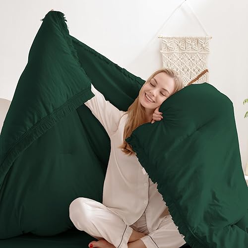 Miniatura 3 de Andency Juego de edredón verde esmeralda oscuro, tamaño individual, 2 piezas, bohemio, ligero, con borlas, bosque, juego de ropa de cama para todas