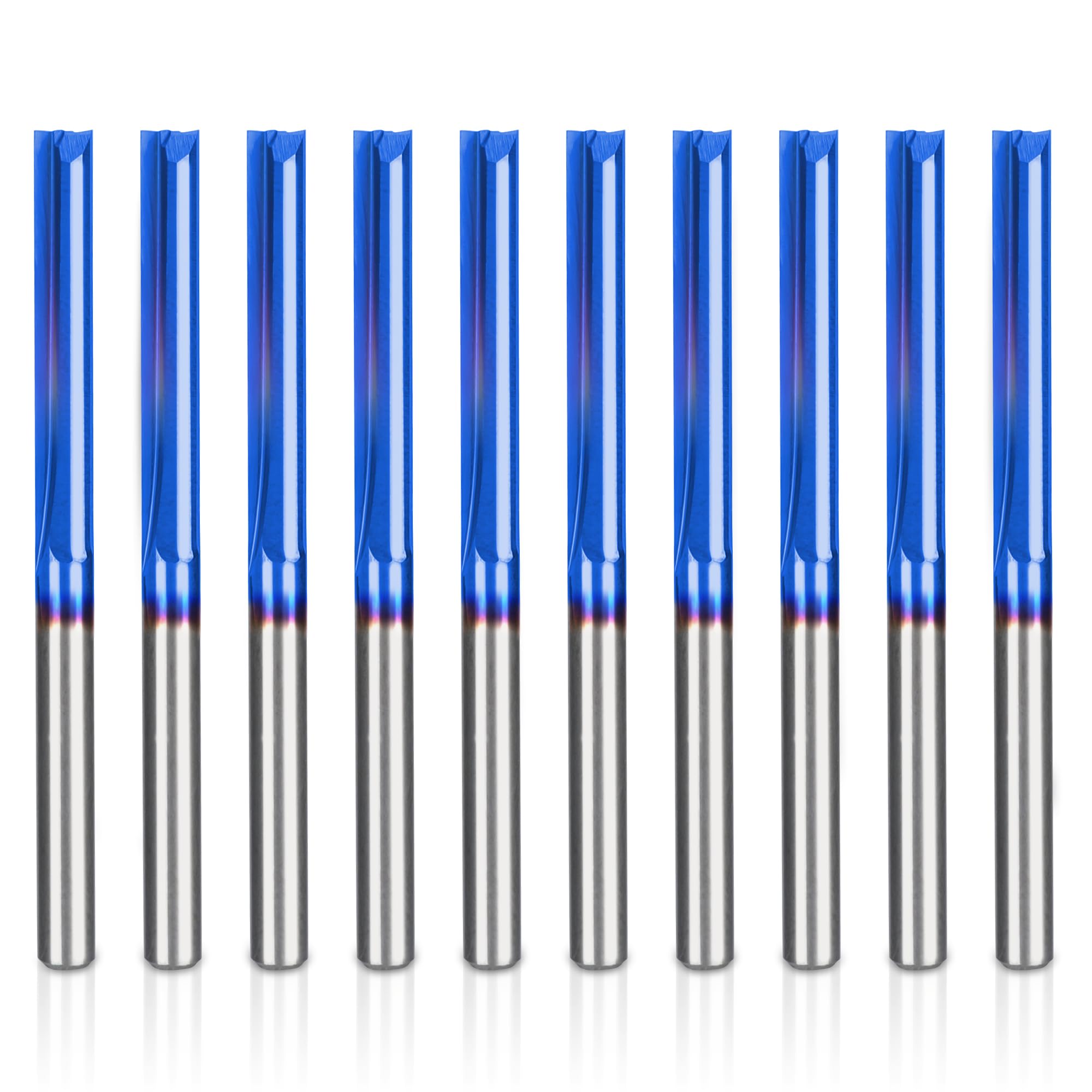 HQMaster Frezy CNC 1/8 Router Bit prosty frez 1 8 trzpień prosty frez trzpieniowy 2-frez do frezowania ze stali wolframowej 22 mm CEL/45 mm OAL do płyt wiórowych MDF, PCW, akrylu, drewna, 10 sztuk
